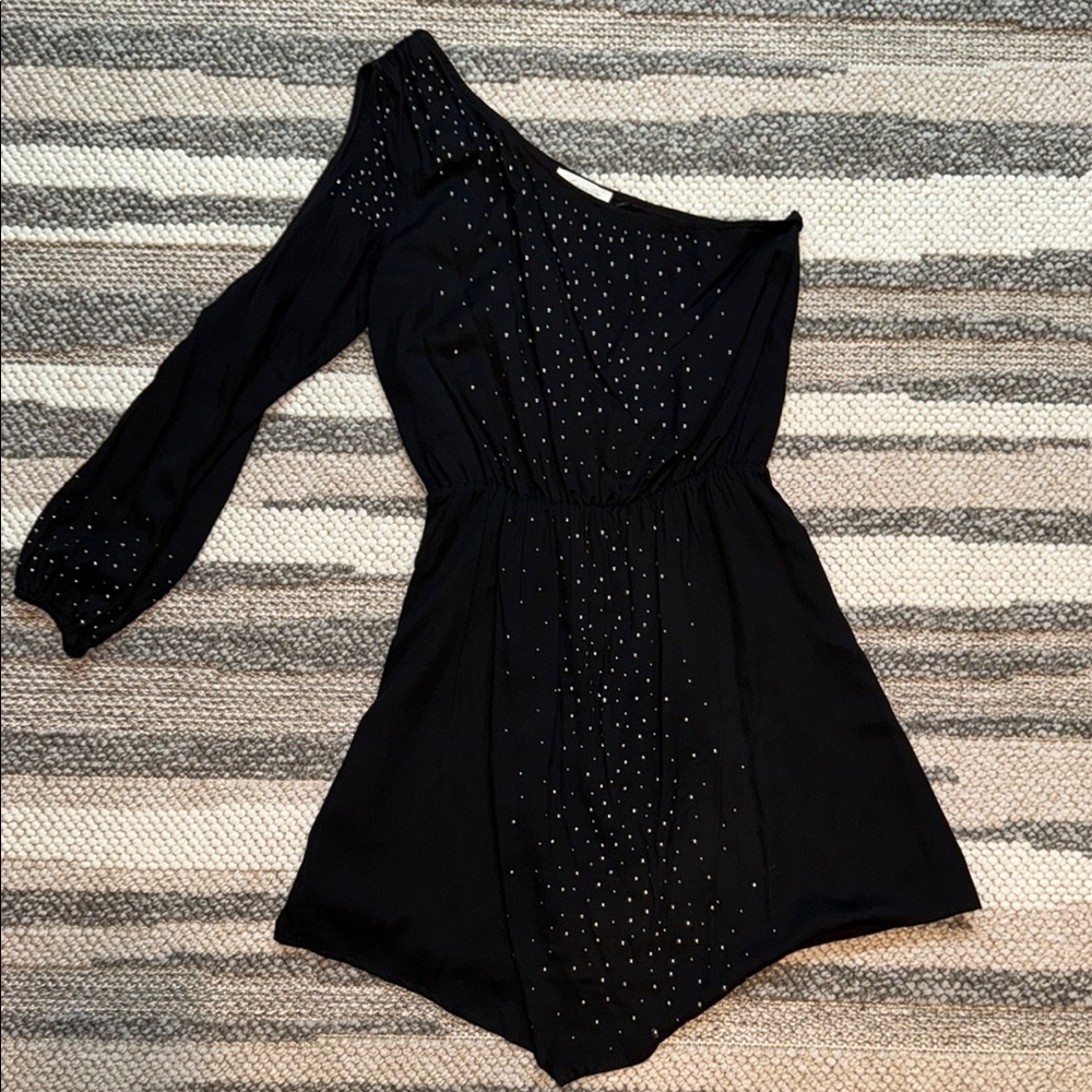 One-Shoulder Black Dress with Silver Accents